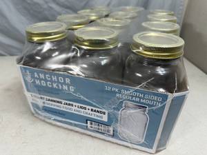 lot 226 image: 12 New Anchor Hocking Canning Jars - 1 Quart Regular Mouth