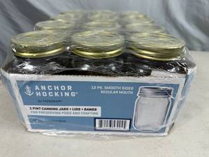 lot 227 image: 12 New Anchor Hocking Canning Jars - 1 pint Regular Mouth