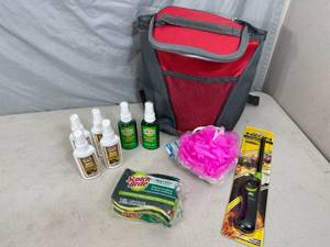 lot 256 image: New Backpack Cooler, Cleaning Supplies, Sponges, Lighter, and More
