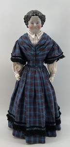 Antique China Head Doll with Plaid Dress and Leather Hands