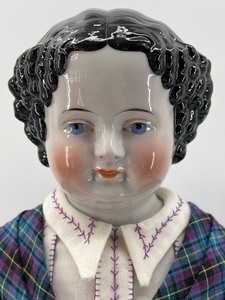 Antique China Head Doll with Plaid Dress and Leather Hands