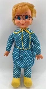 lot 16 image: Vintage Mrs. Beasley Doll with Blue Polka Dot Dress