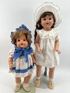 lot 17 image: Vintage 1930s & 1940s Compo Toddler Doll in Blue Polka Dot Dress