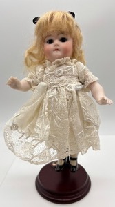 lot 42 image: Antique Porcelain Doll with Lace Dress and Stand - Marked 40  8