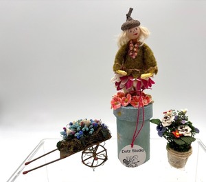 lot 60 image: Handcrafted Floral Doll Candy Container and Miniature Flower Cart Set by Dotz Studio