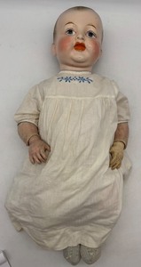 lot 70 image: Vintage Elektra Porcelain Baby Doll with White Dress