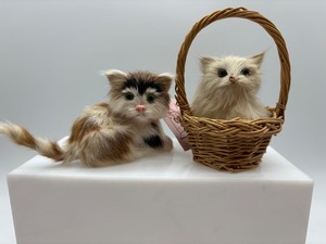 lot 84 image: Set of 2 Real Fur Vintage Cat Figurines with Wicker Basket