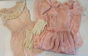 lot 246 image: Vintage Pink Dresses and Gloves Set with Lace Accents