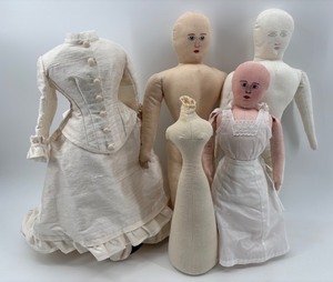 lot 125 image: Set of 4 Handmade Cloth Dolls with Vintage Dress Forms