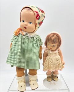 lot 139 image: Set of 2 Vintage Baby Dolls in Crocheted and Gingham Outfits