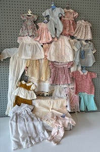 lot 155 image: Collection of 17 Vintage Baby Doll Clothes, Various Styles and Fabrics