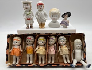 lot 175 image: Collection of Antique German Bisque Doll Figurines including Dionne Quintuplets and Half Doll