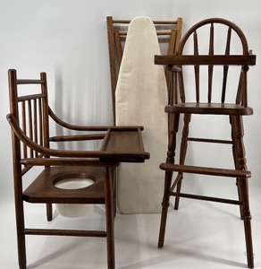 lot 233 image: Vintage Wooden Baby High Chair and Potty Chair with Ironing Board