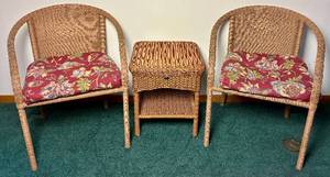 lot 37 image: Wicker Patio Armchairs with cushions and Hampton Bay Patio Side Table