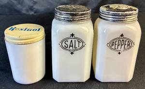 lot 77 image: Vintage Hazel Atlas Black Badge White Milk Glass Shaker and Resinol Soap Milk Glass Jar