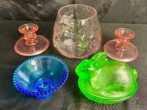 lot 65 image: Depression Glass Bundle - LE Smith Green Glass Bunny, Vintage Cobalt Blue Candlestick Holder, Pink 4.5 H Vase and Pair of Pink Swirl Candle Holders