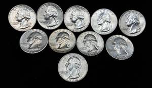 lot 10 image: Ten 1964 90% Silver George Washington Quarters Lot #2