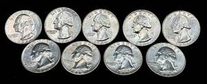lot 11 image: Nine 1964 90% Silver George Washington Quarters