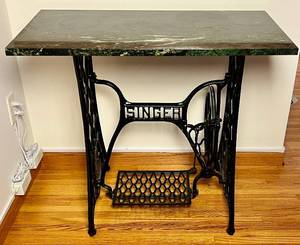 lot 97 image: Antique Singer Sewing Cast Iron Table Base with Marble Top