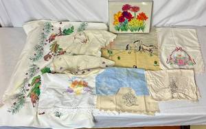 lot 157 image: Vintage Linen Collection and Floral Crewel Embroidery Framed Artwork