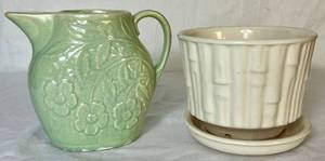 lot 23 image: Vintage McCoy Ceramic Pitcher and Bamboo Pottery Planter