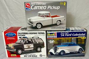 lot 51 image: Revell 34 Ford Cabriolet Street Rod 124 Scale Model Kit, Lindberg 120 Scale California Highay Patrol Model Kit and AMT 1955 Chevrolet Cameo Pickup 125 Scale Model Kit