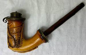 lot 35 image: Antique Meerschaum Hand Carved Smoking Pipe with Brass Mounted Cap