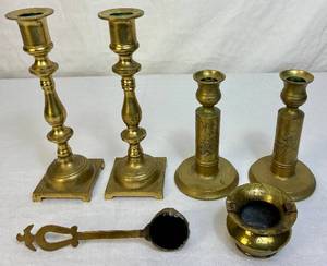 lot 127 image: Brass Collection - Candlestick Holders, Snuffer, Oil Lamp and Pot Ashtray