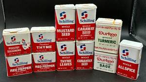 lot 158 image: Vintage Schilling and Durkee Spice Tins