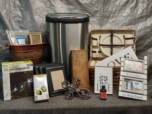 lot 35 image: Assorted Home Goods Including Trash Bin, Shower Curtain, and Picnic Set