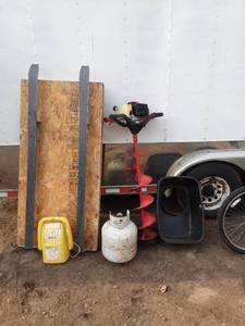 lot 60 image: Used Ice Auger with Drill Bit, Propane Tank, and Sled