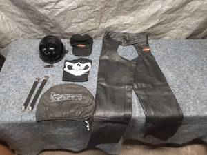 lot 84 image: Harley Davidson Leather Riding Gear Set with Helmet, Chaps, Cap, and Accessories