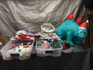 lot 89 image: Large Collection of Christmas Decorations and Inflatable Dinosaur