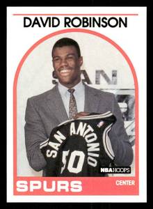 lot 55 image: 1989-90 Hoops David Robinson Rookie Card - SP Version - Holding up Jersey.