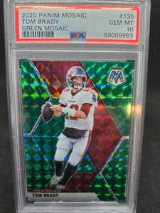 lot 75 image: 2020 Mosaic Tom Brady Green Mosaic Card #135 Graded PSA Gem Mint 10