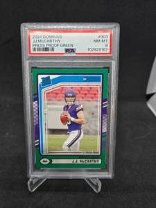 lot 76 image: 2024 Donruss J.J McCarthy Press Proof Green Rookie Card #303 Graded Psa 8 NM-MT
