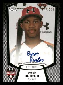 lot 109 image: 2011 Topps Byron Buxton Rookie Autograph Card #UA-BB Serial #d 170233