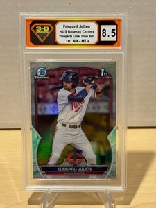lot 396 image: 3D Grading 8.5 2023 Bowman Chrome Lunar Glow Edouard Julien Rookie
