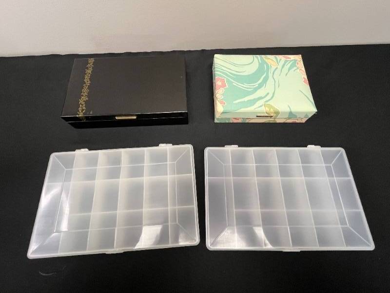 lot 125 image: Collection of Jewelry Storage Boxes - Plastic, Floral, and Velvet-Lined