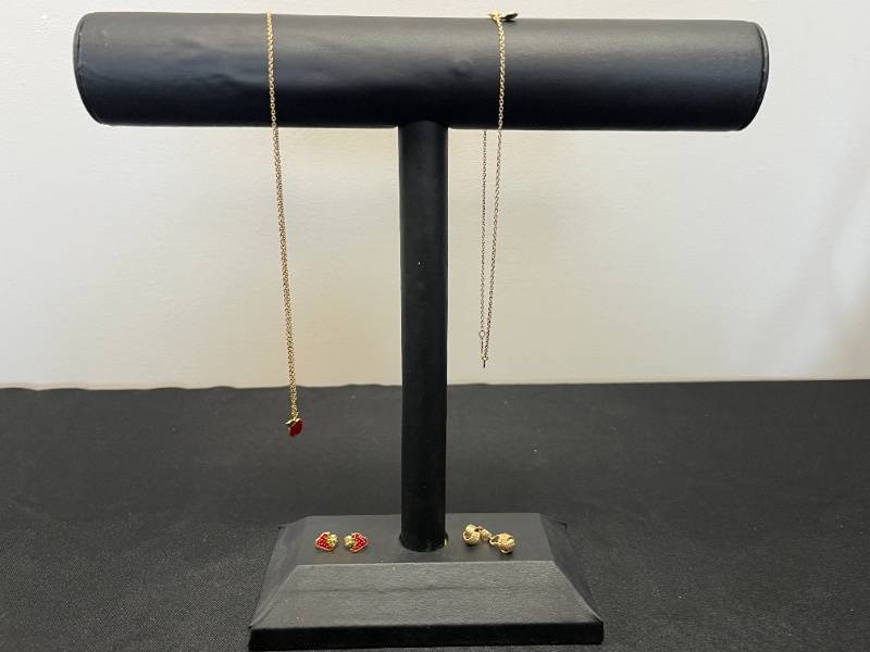 lot 141 image: Set of Avon Gold-Tone Jewelry Ice Cream Necklace, Apple Necklace, and Strawberry Earrings - display not inc
