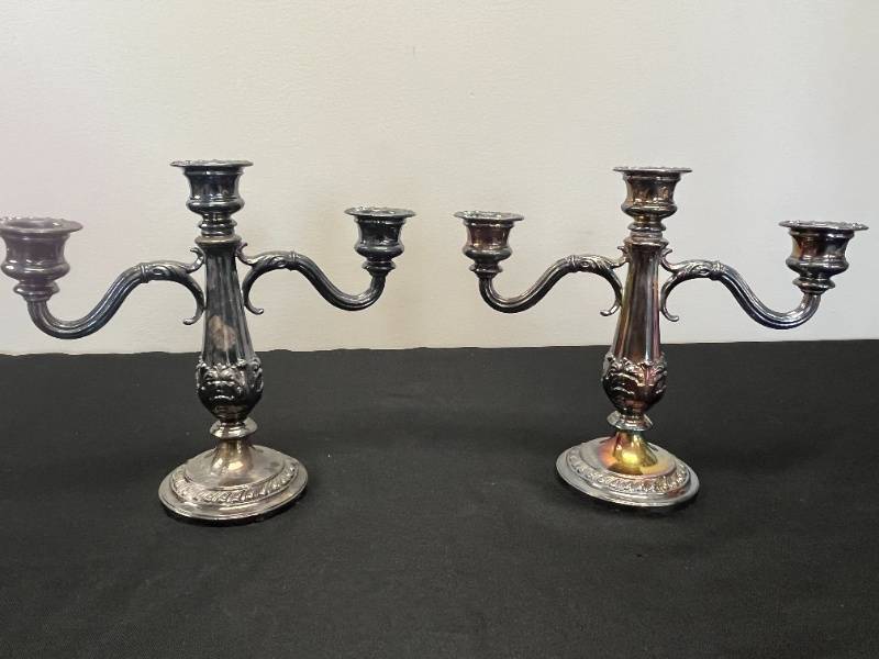 lot 165 image: Pair of Antique Three-Arm Silver Plated Candelabras