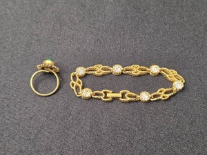 lot 18 image: Vintage Gold Tone Bracelet w Clear Gem Stones and Vogue Ring Set