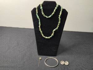 lot 25 image: Vintage Jewelry Set with Turquoise Like Necklace, Silver Bracelet, Locket, and Pin - display not inc