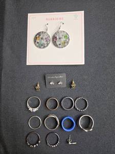 lot 104 image: Jewelry Collection Earrings, Sterling Silver Studs, Skull Earrings, and Assorted Rings