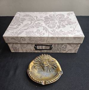 lot 113 image: Antique Brass Ashtray with Native American Chief Motif
