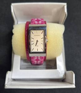 lot 119 image: Fossil Womens Wristwatch with Pink Patterned Strap - battery needed - In Orig Box