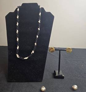 lot 132 image: Simply Whispers Earrings and Black Beaded Necklace Set - display not inc