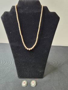lot 143 image: Vintage Faux Pearl Necklace with Sterling Clasp and Floral Clip-on Earrings - display not inc