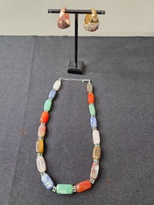 lot 154 image: Colorful Stone Necklace and Two Statement Rings - Size 8 to 8.5