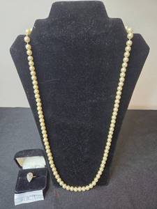 lot 174 image: 1928 Stamped Simulated Pearl Necklace and Pear-Shaped Crystal Ring Set (Size 9)
